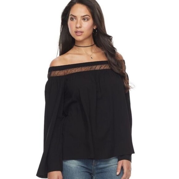 Rock‎ & Republic Off-The-Shoulder Mesh Top Black Womens Size XS Bell Sleeve Boho - Picture 1 of 9